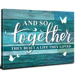 Rustic Teal Wall Art Together Picture for Kitchen Family Signs Living Room Dining Room Decor Inspirational Love Saying Poster Farmhouse Textured Painting Canvas Artwork Bedroom Home Decorations 12x16”