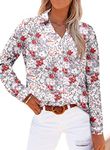 Women Blouses Long Sleeve Tops V Neck Button Shirt Fall Office Work Wear Floral Printed Blouse Ladies Casual Loose Lightweight Shirts Grey Pink Large