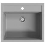 vidaXL Granite Kitchen Sink - Single, Extra-Deep Basin, Easy to Install, Overmount Installation, Scratch and Impact Resistant, with Basket Strainer, Made of 80% Quartz and 20% Resin in Elegant Gre...