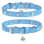 DILLYBUD Leather Cat Collars for Boy Girl Cats with Bell and Safety Elastic Belt, Personalized Star and Moon Stud Adjustable Safe Buckle Collar for Kitty Small Big Cats Size 7-9 Inch, Light Blue