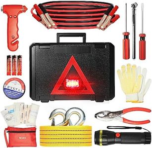 CAWWRT Car Emergency Kit, Roadside Emergency Car Kit with Warning Light Reflective Triangle, Jumper Cable, Tow Strap, Flashlight, First Aid Kit, Tire Pressure Gauge, Safety Hammer Car Tool Kit