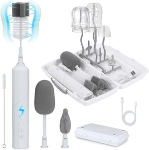 Yoobao Electric Baby Bottle Brush Cleaner Kit, Rechargeable Automatic Bottle Cleaner Brush Set with Drying Rack, 3 Speed Cleaning Modes, Nipple,Straw,Sponge Brush, Ideal Present for After Birth Moms