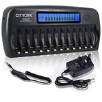 CITYORK 12 Bays Smart Battery Charger, AA, AAA, Ni-MH, Ni-CD Rechargeable Batteries Charger with Intelligent LCD Display, Build-in IC Protection