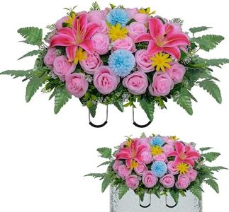 Artificial Cemetery Flower Saddles,Headstone Saddles for Graves,Lily Rose Flowers Saddle for Cemetery Headstones Decoration Outdoor Memorial Decorations (Pink Lily, Saddle)