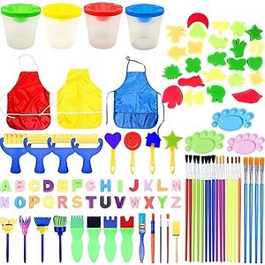 Fycooler Kids Painting Brush Kit,100PCS Sponge Drawing Brushes Sets,Early Learning Kids Paint Set Assorted Painting Drawing Tools Waterproof Apron/Paint Tray Palettes for Kids Toddlers DIY Graffiti