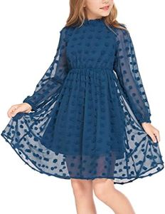 Flypigs Tween Girls Long Sleeve Fall Dresses Swiss Dot Casual Party Dress Blue 7-8Years