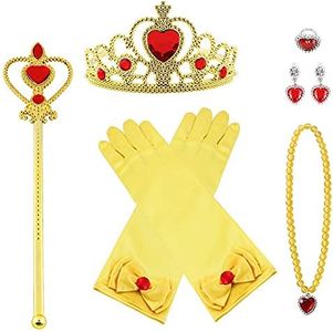 Vicloon 7Pcs Princesa Vestir Accesorios Regalo Conjunto de Belleza Corona Sceptre Collar Guantes para Niña - Amarillo