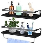 Floating Shelves Wall Mounted Set of 2, Wood Decor Rustic Floating Shelves with Towel Bar, Wood Wall Storage Shelves for Bedroom, Bathroom, Living Room, Farmhouse Kitchen (Black)