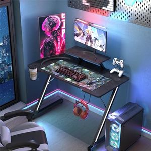 Lvhecforhm Bureau Gamer 100x55cm, Bureau Gaming avec Support d'Écran, Table pour Ordinateur avec Plateau en Fibre de Carbone, Table Gaming avec Crochets pour écouteurs Porte-gobelet, Gaming Desk Noir