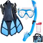 Aisrida Kids Snorkeling Set Children Mask Fin Snorkel Set Snorkeling Gear Snorkel Mask + Adjustable Swimming Kids Flippers+ Dry Snorkel Tube + Travel Bags (Light Blue)