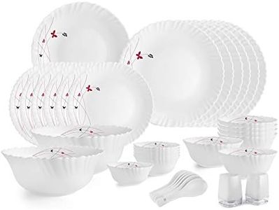 Cello Opalware Dazzle Series Lush Fiesta Dinner Set, 35 Units | Opal Glass Dinner Set for 6 | Light-Weight, Daily Use Crockery Set for Dining | White Plate and Bowl Set