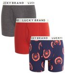 Lucky Brand Men's Underwear - Casual Stretch Boxer Briefs (3 Pack), Grey/Print/Fire Brick, XL