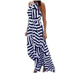 Prime of Day Deals Today 2024 Women Sleeveless Striped Dress Sexy Casual High Low Dresses Irregular Hem Sundress Slim Fit Midi Party Dresses(Blue,Large)