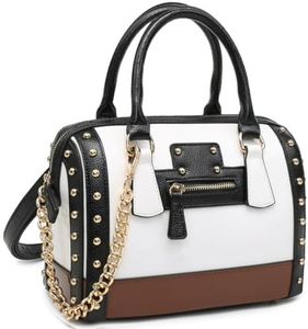 Dasein Women's Barrel Bag Shiny Patent Faux Leather Handbag with Rivet Decoration Top Handle Satchel Shoulder Purse (Small White)