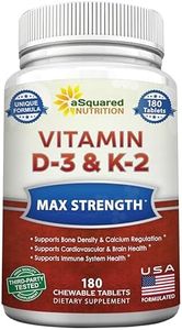 aSquared Nutrition Vitamin D3 with K2 Supplement-180 Chewable Tablets, Max Strength D-3 Cholecalciferol & K-2 MK7 to Support Healthy Bones, Teeth, Heart -Antioxidant D3 & K2 MK-7 Energy Formula Adults