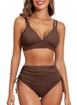Aleumdr Women Bikini Set Solid Two Piece Bikini Top & High Waisted Bikini Bottom Swimsuit with Stripes Dark Brown XS