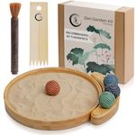 Japanese Zen Garden Kit for Desk - Premium Sand Garden - Mini Zen Décor Office Desktop Accessories - Bamboo Crafted Meditation Therapy Tray - Gift Set - 4 Stamp Spheres Natural Rake Custom Holder