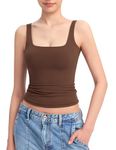 PUMIEY Women's Square Neck Tank Top Sleeveless Double Lined Basic Tops Sharp Collection, Chocolate, Medium