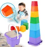 TECHNOK Baby Stacking Cups Toy - Rainbow Stacking Toys Tower Blocks with Handled Kids Bucket - Educational Stack Up Cup Toys for Water or Sand - Nesting Cups for Toddlers and Babies for Bath or Beach