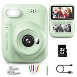 GREENKINDER Kids Camera Instant Print, 3.0'' Large Screen Instant Camera for Kids with 32GB Card & 3 Rolls Print Paper, 1080P Kids Selfie Digital Camera, Gift Toy for Boys Girls 3-12 Years Old, Green