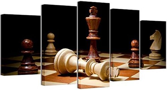 Welmeco Large 5 Pieces Wall Decor Closeup of Checkmate One Wooden Chess King Dominating Another Picture Retro Canvas Prints for Home Decoration Ready to Hang L-60 x H-32, 01 Retro Color, L-60 x H-32