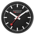 Mondaine - Wall Clock A990.CLOCK.64SBB 25cm - Official Swiss Railways Clock Red Second Hand Black Aluminium Casing - Dust Resistant Wall Clocks