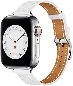 Premium Slim Leather Band for Apple Watch Bands 38mm 40mm 41mm 42mm 44mm 45mm 49mm, Thin Leather Replacement Strap for iWatch Series 8/7/6/5/4/3/2/1/SE/Ultra - White 38mm 40mm 41mm