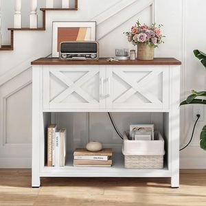 YITAHOME Sideboard Buffet Cabinet with Storage, Farmhouse Coffee Bar Cabinet with Power Outlet, 32 Inch Kitchen Cupboard Table with 2 Doors for Living Room, Entryway, Kitchen, White