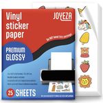 JOYEZA Premium Printable Vinyl Sticker Paper for Inkjet Printer - 25 Sheets Glossy White Waterproof, Dries Quickly Vivid Colors, Holds Ink well - Inkjet & Laser Printer