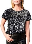 ANNA-KACI Women's Sequin Tops Short Sleeve Shimmer Glitter Party Shirt Blouse, Black and Silver, X-Large