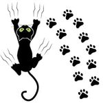 Black Cat Car Stickers, Cute Car Cat Sticker Funny Cat Car Stickers with 12 Pcs Paw Print Car Decals for Car Window Door Decoration (Green Eye)