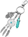 ZUNON Dreamcatcher Keychain Keyring Hipster Gifts Silver Toned Key Chain Blue Turquoise Gemstone and Hamsa Hand Charm Keyring (Dreamcatcher Keychain with Blue Turquoise)