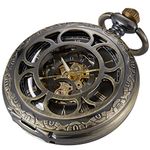 Tiong Vintage Bronze Mechanical Pocket Watch with Chain Skeleton Unique Hollow Flower Engraved Steampunk Men's Pocket Watches