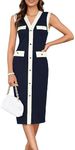 GRACE KARIN Women's Sleeveless Midi Dress V Neck Button Elegant Formal Bodycon Knit Dress with Pockets Navy Blue