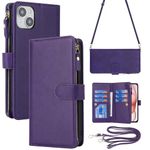 ELTEKER Compatible with iPhone 15 Crossbody Wallet Case with Shoulder Strap Lanyard Card Holder Zip Pocket, Premium Leather Flip Kickstand Wallet Case for iPhone 15 (6.1 Inch) - Purple