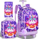 3PCS Rolling Backpack for Girls, 20" Kids Roller Wheels Bookbag, Wheeled School Bag with Lunch Bag - Cat Purple