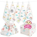 Koochie-Koo Cute Printed Muslin Cloth Organic Cotton Face Towel for New Born, Soft Absorbent Reusable Washable Square Washcloth Wipe Handkerchief for Infant Toddlers (Pack of 5, White)