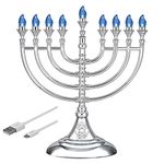 Aviv Judaica Traditional Hanukkah LED Electric Menorah Powered by Battery or USB Chanukiah 4' Micro USB Cable Included Electronic Chanukah Candles Minorah Lighted Hanukah Decorations (Metallic Silver)