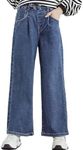 Rolanko Girls Jeans Denim Elastic Wasit Wide Leg Baggy Pants Kids Clothes 4-14 Years (Blue Solid, 8-10)