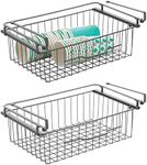 mDesign Large Metal Wire Hanging Pullout Drawer Basket - Sliding Under Shelf Storage Organizer - Attaches to Shelving - Easy Install - 2 Pack - Graphite Gray