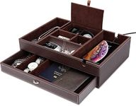 Mens Valet Box，2 Layers Dresser Top Nightstand Organizers, EDC Dump Tray, Catch All Tray, Jewelry Storage Box with Large Charging Station for Jewelry Key Wallet and Phone Brown