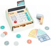 SOKA Wooden New Cash Register Classic Cashier Role Play Supermarket Shopping Checkout Money Till Toy Educational Learning Pretend Playset for Kids Children Girls Boys 3 year old +