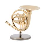 GLOGLOW French Horn Model, 4in Miniature Golden French Horn Replica with Stand Mini Musical Instrument Model Ornaments with Box