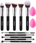 BEAKEY 12Pcs Makeup Brush Set Premium Synthetic Foundation Face Powder Blush Eyeshadow Kabuki Brush Kit, Professional Makeup Brushes with 2pcs Makeup Sponge (Black/Silver)