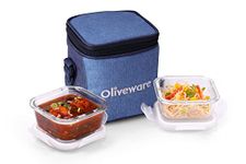 SOPL-OLIVEWARE Roman Glass Lunch Box, Insulated Fabric Bag, Leak Proof & Microwave Safe, Borosilicate Glass Containers with Set of 2 (320ml Each)- Blue