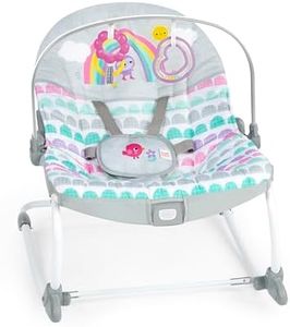Bright Starts, Mecedora para Bebés y Niños Pequeños, Rosy Rainbow, Asiento con vibraciones relajantes, arco de juegos con 2 juguetes, reclinable, desde recién nacido hasta 18 kg