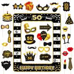 50th Birthday Party Photo Props - 31 Pieces 50th Birthday Party Black Gold Photo Booth Props Inflatable Selfie Frame Photo Booth Frame 50th Birthday Party Photo Props for Women Men 50th Birthday Party