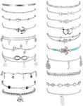 FASACCO 20Pcs Silver Ankle Bracelets for Women Anklet Set Adjustable Beach Anklet Set Star Heart Infinite Turtle Anklets