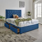 Hf4you Luxury Divan Bed Set in Plush with Chesterfield Bumper Headboard and Memory Sprung Mattress (Blue, 2ft6, No Drawers)