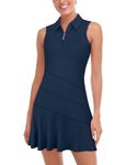 Misyula Tennis Dresses for Women,Athletic Dress with Shorts 2Pockets Zip Up Polo Sleeveless Golf Workout Dress Navy Blue Large